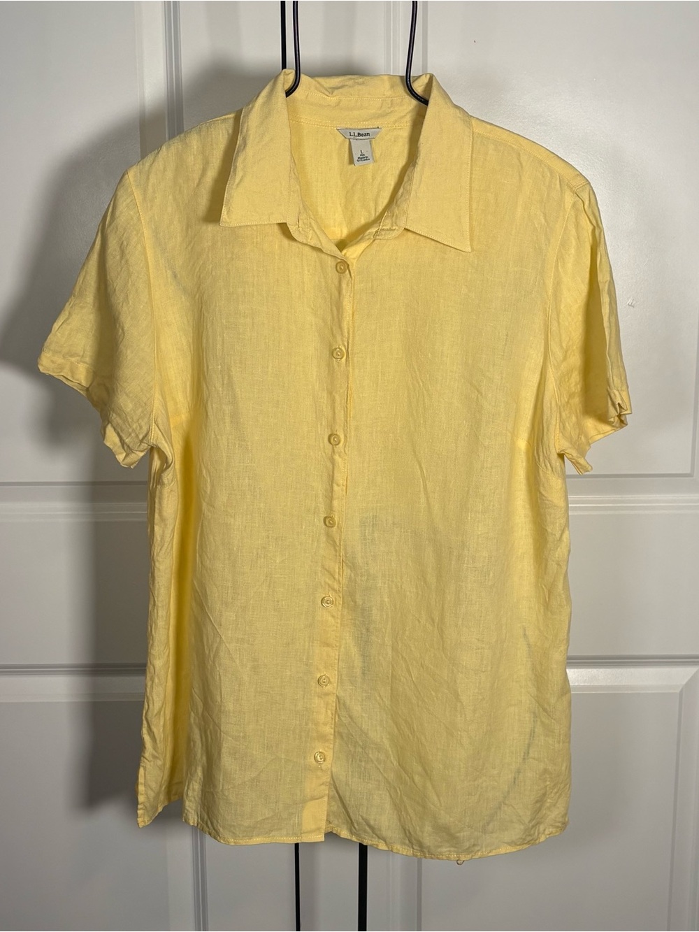 L.L. Bean Yellow Short Sleeve 100% Linen Button-Down Shirt